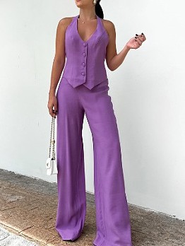  Women's Fashion Purple  Halter Trouser Suit