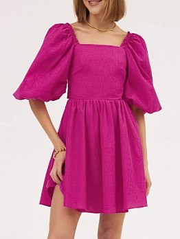 Solid Puff Sleeve Pleated Dress